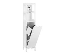 SoBuy Mueble Baño Estrecho con Cesto para Ropa Sucia 30x30x145 cm | Armario Baño, Columna con Estantes Abiertos & Compartimento Abatible, Mueble Auxiliar Blanco BZR123-W