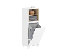 SoBuy Mueble Baño Estrecho con Cesto para Ropa Sucia 35x105x30 cm Blanco | Mueble Ropa Sucia Baño con Saco Abatible, Armario Baño con 2 Compartimentos y Cesto para lLavandería, BZR146-W
