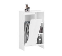 SoBuy Mueble Baño Estrecho con Cesto para Ropa Sucia 86x50x30 cm | Mueble Baño Auxiliar Estrecho, Armario Baño Blanco con Estantes Abiertos y Puerta Abatible, Mueble Ropa Sucia, BZR156-W