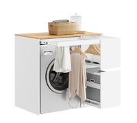 SoBuy Mueble Lavadora con Cesto para Ropa 100x60x95 cm Lavandería y Baño | Mueble sobre Lavadora, Estantería con Tendedero Extraíble, Armario Blanco y Madera BZR223-WN