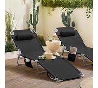 SoBuy Set de 2 Tumbonas Plegable de Jardín, Silla Playa con Almohada y Bolsillo Lateral, Tumbona Reclinable para Patio, Camping, Playa, Beige, 155x56x81cm, OGS35-MIx2