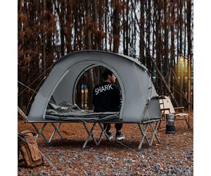 SoBuy OGS60-L-HG Tienda de campaña de supervivencia con tienda de campaña Cama de campamento Juego de camping 4 en 1 con saco de dormir y accesorios Tienda de campaña para 2 personas Gris 194x157x145c
