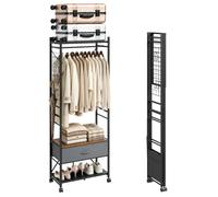 SoBuy Perchero estrecho con cajón de tela, plegable para espacios pequeños | Armario abierto con ruedas, barra, estante & ganchos para inquilinos, montaje sin herramientas, 60,5x32,5x175cm, KLS23-SCH