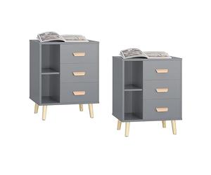 SoBuy Set 2 Mesitas de Noche con 3 Cajones 48x40x60cm | Mesas auxiliares modernas con almacenamiento para dormitorio, gris FBT95-HGx2