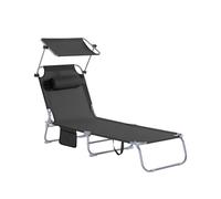 SoBuy Tumbona Plegable de Jardín, Silla Playa con Parasol, Almohada y Bolsillo Lateral, Tumbona Reclinable para Patio, Camping, Playa, Negro, 155x56x81cm, OGS48-SCH
