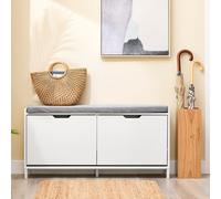 SoBuy, zapatero con asiento, estante para zapatos, mueble estrecho para zapatos con espacio de almacenamiento, cojín de asiento gris para pasillo, salón, entrada, fabricado en MDF y hierro. Modelo: FS