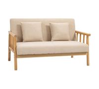 Sofá 2 plazas tapizado en tela beige con estructura de madera natural y cojines acolchados, asiento de espuma con muelles en s, diseño nórdico moderno ideal para salón o dormitorio