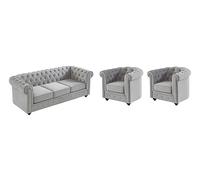 Sofá 3 plazas y 2 sillones de Terciopelo Chesterfield - Gris Plata