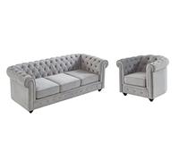Sofá 3 plazas y sillón de Terciopelo Chesterfield - Gris Plata