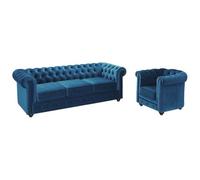 Sofá 3 plazas y sillón de Terciopelo Chesterfield - Verde Azulado