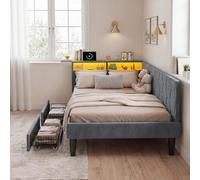 Sofá Cama 140 x 200 cm con Barandilla Convertible, Sofá Cama Infantil Tapizado 90x200cm, Cabecero Acolchado Alto, Cama de Día, Cama Juvenil con 2 Cajones y Estructura de Láminas Metálicas, Estantes de