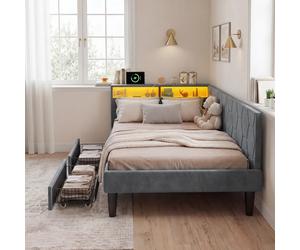 Sofá Cama 140 x 200 cm con Barandilla Convertible, Sofá Cama Infantil Tapizado 90x200cm, Cabecero Acolchado Alto, Cama de Día, Cama Juvenil con 2 Cajones y Estructura de Láminas Metálicas, Estantes de