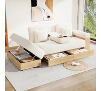 Sofá cama, 217 cm, chenilla beige, espacio de almacenamiento, 3 | Respaldo ajustable, soporte para bebidas, 200 kg, superficie de descanso 198 x 110 cm, para salón, habitación de invitados y