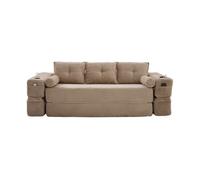 Sofá cama 3 plazas de pana - respaldo cómodo, espuma de alta densidad, cojines memory, portavasos y bolsillos laterales - khaki
