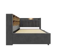 Sofá cama 90x200 cm - con almacenamiento hidráulico, luz nocturna, puertos usb y tipo-c, estantes y compartimentos, cabecero acolchado, multifuncional, tela de terciopelo - gris oscuro