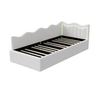 Sofá cama 90x200 cm en terciopelo blanco, cama tapizada individual con LED, almacenaje hidráulico y somier de láminas