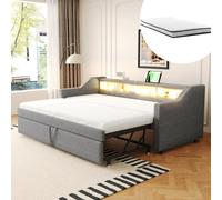 Sofá cama abatible okwish de 90/180x190 cm, con espacio de almacenamiento, luz LED y puerto USB. Cama de día, cama infantil, cama juvenil con somier de madera (con dos colchones), color gris claro