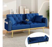 Sofá cama de 2 plazas, sofá plegable con función de dormir, soporte para | Respaldo regulable en 3 posiciones: 108°/135°/180°, funda de terciopelo, 2 cojines, bolsillo lateral, 175 × 80 × 73,5 cm