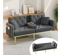 Sofá cama de 2 plazas, sofá plegable con función de dormir, soporte para | Respaldo regulable en 3 posiciones: 108°/135°/180°, funda de terciopelo, 2 cojines, bolsillo lateral, 175 × 80 × 73,5 cm