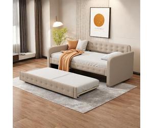 Sofá Cama de 90x200 cm, Sillón Barato 2 Plazas, Diván Plegable Con Cama Nido Extraíble, Gran Espacio de Almacenamiento, Beige Oscuro, Sin Colchón