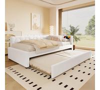 Sofá Cama de Boucle con Cama Nido, USB y Lámpara, Blanco, 90x200 cm