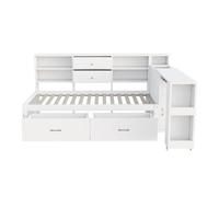 Sofá cama de madera 90x200 cm - almacenamiento multifuncional, estantes, 2 cajones, mesa extensible - blanco