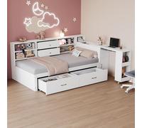 Sofá cama de madera de 90 x 200 cm, almacenamiento multifuncional, compartimentos de almacenamiento ocultos y estantes, 2 cajones grandes, enchufe multifunción, escritorio extensible, cama individual