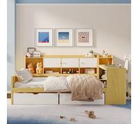 Sofá cama de madera de tamaño matrimonial con armarios de almacenamiento y escritorio de estudio, marco multifuncional en forma de L con 2 cajones de almacenamiento para oficina, sala de estar