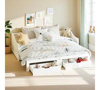 Sofá cama de madera maciza 90/180 x 200 cm, cama sofá de 2 plazas convertible con 2 cajones de almacenamiento y somier de láminas, sofá cama extensible con respaldo y reposabrazos, sin colchón (blanco
