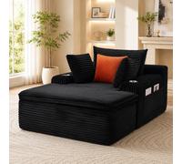 Sofá Cama de Pana Negro sin Necesidad de Montaje, Diván Profundo con Portavasos y Bolsillos de Almacenamiento, Sofá Individual 2 en 1 con Combinación de Almohada y Manta, Sofá de Suelo Confortable Neg