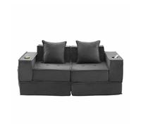 Sofá cama doble 2 plazas - sofá de tela cómodo con dos cojines, reposapiés decorativo con almacenamiento lateral y portavasos, ideal para rincones de lectura y sala de juegos - gris oscuro
