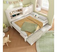 Sofá cama doble de 140x190 cm con cama adicional de 90x190 cm, estructura de cama blanca con espacio de almacenamiento en la cabecera, compartimento de almacenamiento plegable oculto, estación de carg