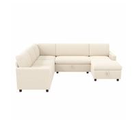 Sofá cama esquinero u 220×274×85 cm - 5 plazas, extensible, con chaise longue y almacenaje, terciopelo acanalado - beige