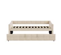 Sofá Cama Extensible 90 x 200 cm en Terciopelo Color Crema, Cama Nido 2 en 1 con Cama Auxiliar Extraíble, Estructura Metálica, Bolsillos Laterales y Diseño Acolchado