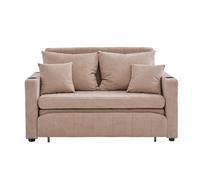 Sofá cama extensible de tela multifuncional 2 plazas - convertible en cama, bolsillos en reposabrazos, carga usb y portavasos - caqui