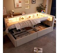 Sofá cama hidráulico Flieks, con puertos USB y Tipo-C, estructura tapizada, espacio de almacenamiento, sofá cama individual con detalles en cuero y compartimentos, color lino, color beige