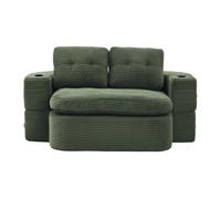 Sofá cama matrimonio 2 plazas - de pana, convertible 2 en 1, función reclinable, reposabrazos ajustables, portavasos y respaldo alto - verde esmeralda