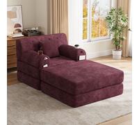 Sofá cama MODFU con tapizado de tela, sofá de relax con función de cama extra, respaldo alto, 4 compartimentos y 2 portavasos, color rojo