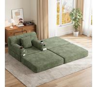 Sofá cama modular de pana Boneless con función de dormir, sofá con 2 soportes para bebidas y 4 bolsillos laterales, respaldo alto, apto para salón y espacios pequeños, color verde