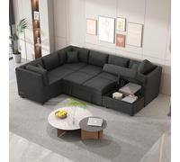 Sofá cama modular extraíble en forma de U de 108.5 pulgadas con puertos USB, sofá convertible de tela de felpilla con 3 almohadas traseras y diván de almacenamiento para sala de estar (negro-SBD)