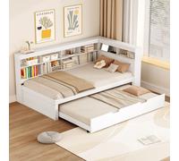 Sofá cama o futón okwish de 90x200 cm con espacio de almacenamiento, cama juvenil con cama extraíble y toma USB, sofá cama con compartimentos de almacenamiento, color blanco, incluye colchón