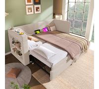 Sofá Cama Tapizado de Algodón y Lino, con Cama Nido y USB, Beige, 90x190 cm