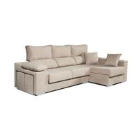 ECCOX - Sofá Chaise Longue Rubí 3 Plazas - Asientos Deslizantes, Cabeceros Reclinables y Arcón de Almacenaje - Cojines y Pufs Incluidos - Chaiselonge Derecha Tapizado en Tela Antimanchas - Color Beige