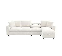 Sofá chenille 281x86x71 cm - esquina l, 2 reposabrazos con almacenamiento, mesa extensible, 1 usb, 1 tipo-c, beige