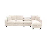Sofá chenille 281x86x71 cm - esquina l, 2 reposabrazos con almacenamiento, mesa extensible, 1 usb, 1 tipo-c, beige