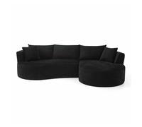 Sofá comprimido de 3 plazas - chaise longue derecha + sofá de 2 plazas - diseño curvo, tejido de pana suave, con portavasos y cojines, envasado al vacío - negro