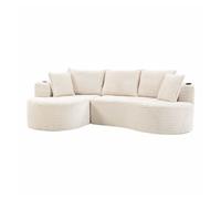 Sofá curvo de 3 plazas en pana - con portavasos, bolsillo lateral, cojines incluidos y espuma de alta densidad para máximo confort - beige