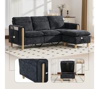 Sofá de 3 plazas en forma de L estilo nórdico chenilla negro con taburete de almacenamiento