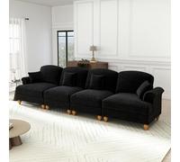 Sofá de 4 Plazas de Chenilla, Estilo Mid-Century, Negro, 350x83.5x93 cm