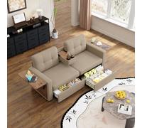 Sofá de dos plazas con espacio de almacenamiento, portavasos y asiento | Sofá con 2 compartimentos de almacenamiento, equipado con una mesa plegable para ordenador portátil, sofá modular para